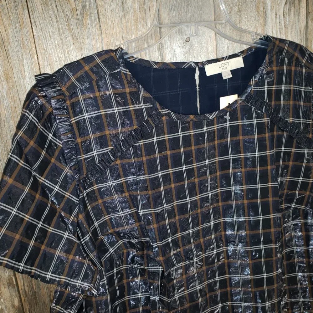 NEW Loft 18W Blue Shimmer Plaid Ruffle Peasant Top - Picture 4 of 6